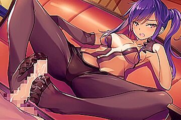 Purple Haired Anime Hottie In Pantyhose Giving A Hot Footjob