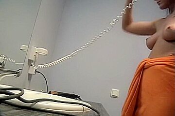 Topless Girl In Changing Room Drying Out Her Hair