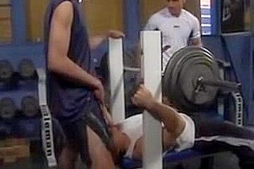 Bawdy Homosexuals Threeway Fuck In Gym