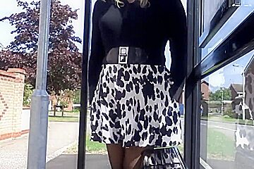 Black And White Skirt Windy Upskirt Stockings