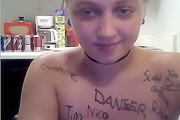 Ponytailed Blonde Girl Writes All Kinds Of Words On Her Naked Body In The Kitchen