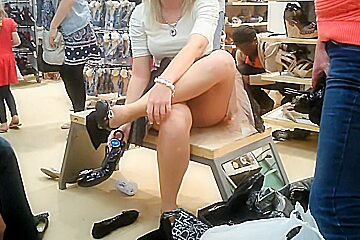Blonde Girl Upskirtvoyeured In The Shoe Store.